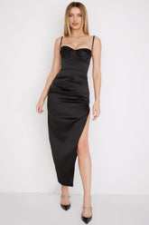 black satin pleated corset midi dress