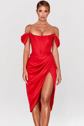 red satin off shoulder dress
