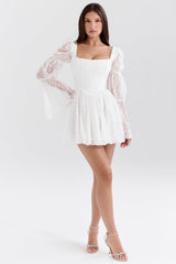 white lace puff sleeve mini dress