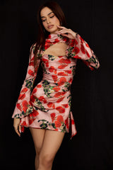 rose print draped corset dress