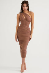 mocha asymmetric cutout midi dress