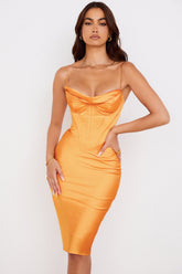 tangerine satin corset midi dress