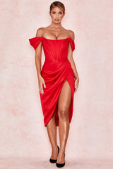 red satin off shoulder dress