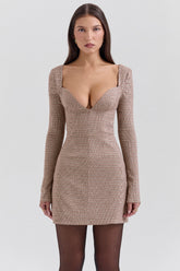 brown puppytooth check plunge mini dress - sale