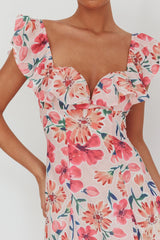 Palms Ruffle Sleeve Tied Back Maxi Dress Floral Pink