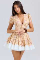 honeyflower print pleated cotton mini dress