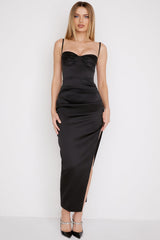 black satin pleated corset midi dress