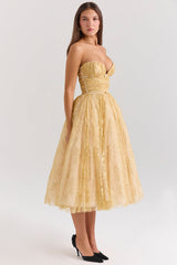 gold metallic lace tulle midi gown