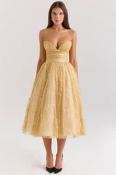 gold metallic lace tulle midi gown