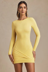 Twist-Front Ruched Backless Mini Dress in Pastel Yellow