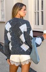 Delylah Grey Argyle Print Oversized Cardigan