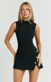 Langley Mini Dress Sleeveless High Neck Faux Wrap Tulip Dress in Black