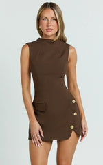 Langley Mini Dress Sleeveless High Neck Faux Wrap Tulip Dress in Brown