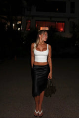 Martha Black Satin Lace Trim Midi Skirt