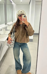 River Brown Suedette Bubble Hem Bomber Jacket