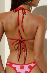 Sofie Pink and Red Polka Dot Contrast Bind Triangle Bikini Top