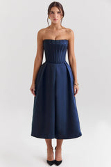 midnight blue strapless detachable bow midi dress