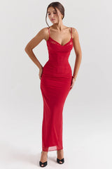 Holly Red Mesh Corset Maxi Dress