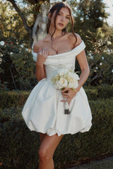 ivory satin off shoulder mini bridal gown