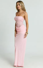 Rania Maxi Dress - Contrast Lace Bodice Bias Cowl Drop Waist Dress in Pink