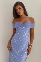 KADIE OFF SHOULDER MAXI DRESS - PERIWINKLE/LEMON POLKA