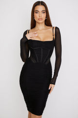 black gathered corset dress