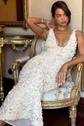 Creme Plunge Floral Appliqué Maxi Dress