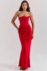 scarlet strapless corset maxi dress