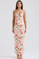 Pink Peony Print Satin Maxi Dress