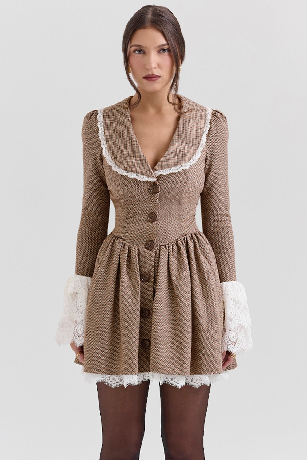 brown puppytooth check mini dress - sale