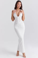 white cotton broderie anglais plunge maxi dress
