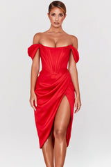 red satin off shoulder dress