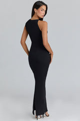 black asymmetric draped maxi dress