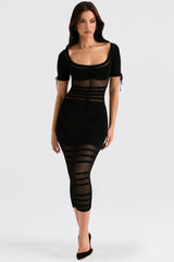 black openwork knit midi dress