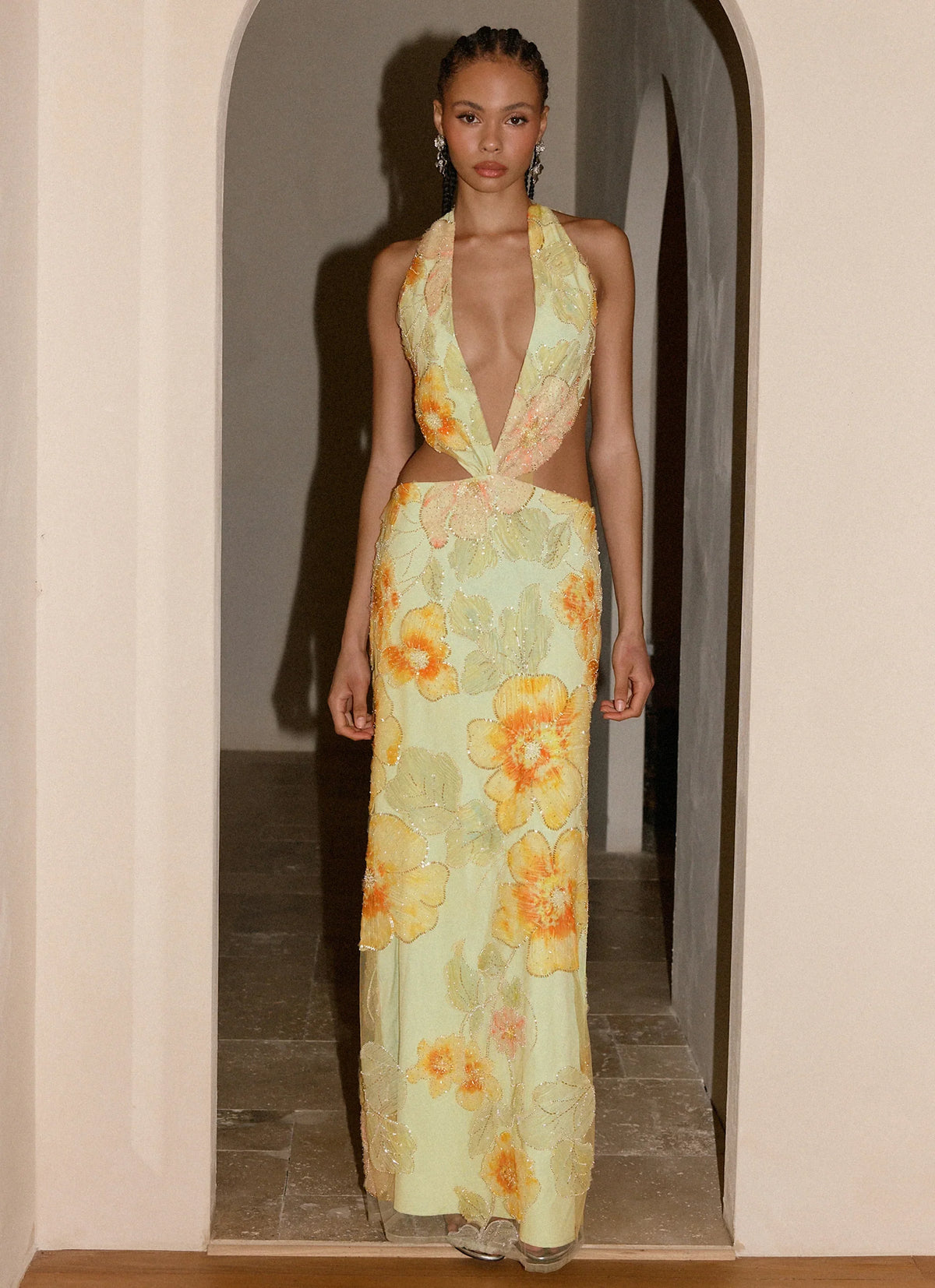 Really Something Beaded Maxi Dress - Green Floral Beaded