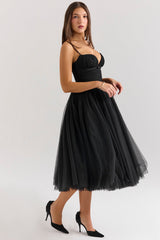 black tulle ruched bodice midi dress - sale