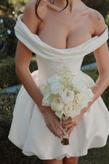 ivory satin off shoulder mini bridal gown