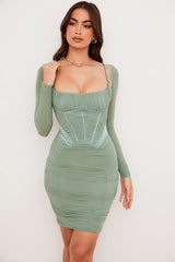 green gathered corset dress