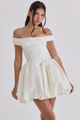 ivory satin off shoulder mini bridal gown