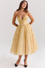 gold metallic lace tulle midi gown