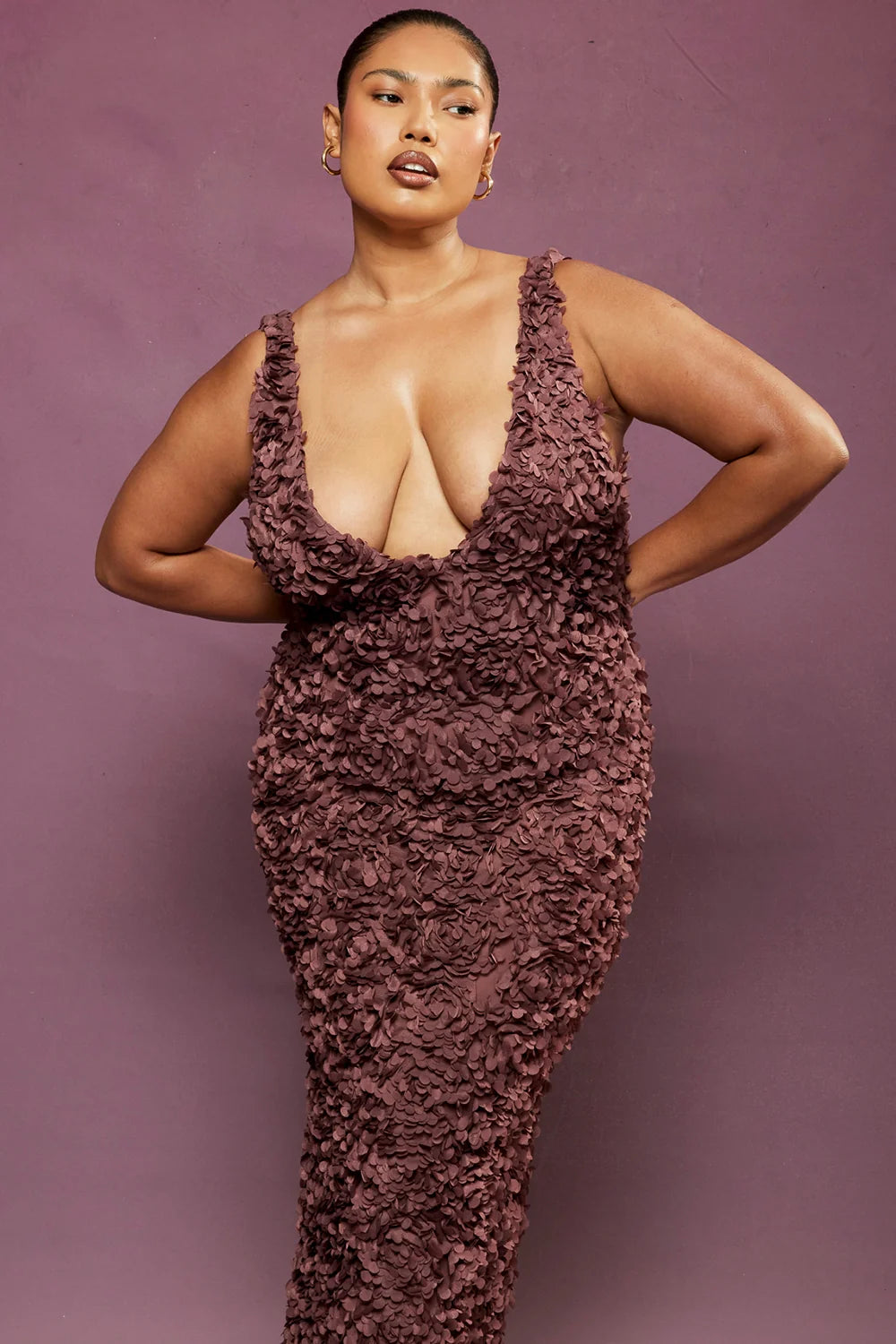 Merlot Plunge Floral Appliqué Maxi Dress