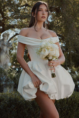 ivory satin off shoulder mini bridal gown