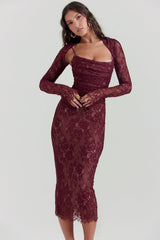 claret lace midi dress
