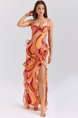 sunset swirl print ruffle cut out maxi dress