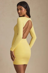 Twist-Front Ruched Backless Mini Dress in Pastel Yellow