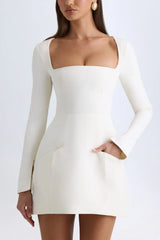 Square-Neck Structured Tulip Mini Dress in Vanilla