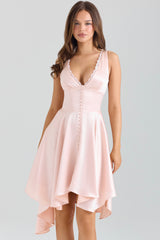 pink satin asymmetric handkerchief hem midi dress