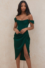 emerald green satin off shoulder dress