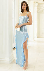 Belize Maxi Dress - Sequin Asymmetric Ruffle Split Bodycon Dress in Sky Blue