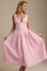 Broderie Anglaise Bow-Detail A-Line Midaxi Dress in Soft Pink